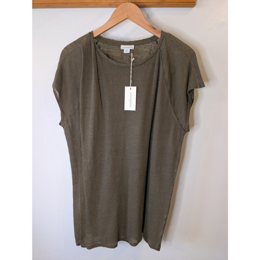 NWT Sundance 100% Linen Faux Wrap Top Olive Khaki Drapey Cap Sleeve XL